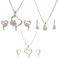 ZENEME Jewellery Set Gold Plated American Diamond Heart Shape and Crystal Style Pendant Necklace Set for Women and Girls Set Of 3 (Design 9)