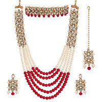 ZENEME Jewellery Sets for Women Gold Plated Bridal Long Necklace Set Neck Choker with Earrings and Maang Tikka for Women & Girls (Red)