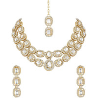 I Jewels Gold Plated Traditional Stone Choker Necklace Jewellery With Earring & Maang Tikka Set For Women And Girls (White)