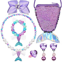 SANNIDHI Mermaid Kids Jewelry Set, Cute Pearl Necklace Bracelet Set for Girls, Included Sling Bag Hair Bow Ring Earrings, Mermaid Princess Jewelry Kit for Theme Party Dress Up Christmas Gift