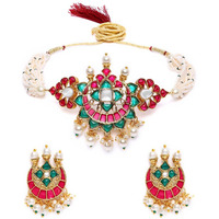 ZAVERI PEARLS Pink & Green Meenakari Multistrand Pearls Choker Necklace & Earring Set For Women-ZPFK10242