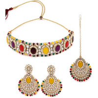 Sukkhi Indian Traditional Gold Plated Multicolor Stone & Beads Choker Necklace Set With Earring And Maangtika | Jewellery Set For Women (NS105711)