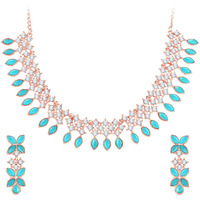 Atasi International Mint Blue Color Crystals Gold Plated Necklace Jewellery Set with Earrings for Women Ideal for Party, Wedding, Festivals (MB5775)