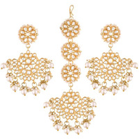 I Jewels Gold Plated With Stunning Matte Finish Traditional Kundan & Faux Pearl Chandbali Earrings With Maang Tikka Set (Te2911W, Womens)