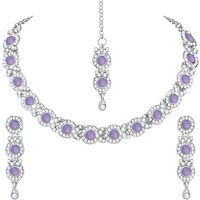 Atasi International Women Silver Plated Necklace with Earrings, Maang Tikka - Jewellery Set For Weddings, Parties and Festivals - Purple & Silver (RPU5705)