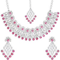Atasi International Women Silver Plated Pink Crystals Ad Diamond Necklace Set With Earrings And Maang Tikka, Suitable For Bridal, Wedding, Party (Rp5379)