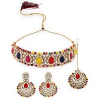 Sukkhi Incredible Drop Shaped Multicolor Kundan & Beads Choker Necklace Set With Earring And Maangtika | Jewellery Set For Women (NS105632)