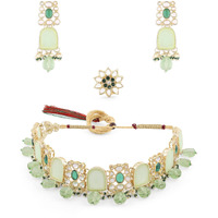 ZAVERI PEARLS Green Stones & Beads Kundan Choker Necklace Earring & Ring Set For Women-ZPFK15448
