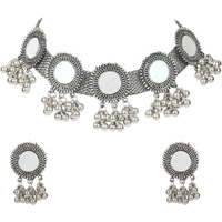 Shining Diva Fashion Latest Stylish Fancy Oxidised Silver Tribal Choker Necklace Jewellery Set for Women (12162s)