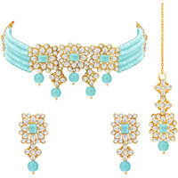 Peora Gold Plated Pearl Beaded Studded Choker Necklace with Earring Maang Tikka Jewellery Set for Women (Sky Blue)