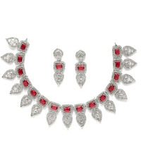 ZENEME Jewellery Set Leaf Style AD/American Diamond Rectangle Shaped Studded Rose Gold Plated Handcrafted Circle Necklace Set for Women & Girls (Red)