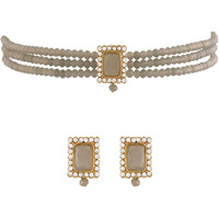 I Jewels Gold Plated Traditional Stone Pearl Choker Necklace Jewellery Set For Women/Girls (ML237Gr)