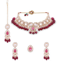 ZAVERI PEARLS Wine Colour Artificial Stone Beads Choker Necklace Earring Maangtikka Ring Set For Women-ZPFK16385