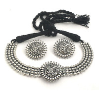 Sasitrends Oxidized German Silver Choker Necklace with Earrings for Women and Girls