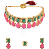 ZAVERI PEARLS Pink & Green Stones Antique Teardrop Necklace Earring & Ring Set For Women-ZPFK15891