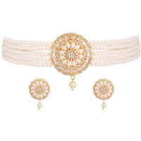 ZENEME Jewellery Set Gold Plated Brass American Diamond Pearl Choker Necklace With Earring Fashion Jewellery For Women Girls (Pitch)