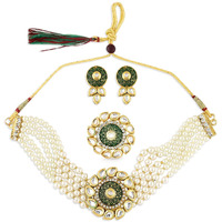 ZAVERI PEARLS Green Enamel Multistrand Kundan Choker Necklace Earring & Ring Set For Women-ZPFK10785