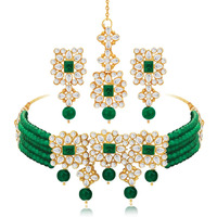 Peora Gold Plated Pearl Beaded Adjustable Choker Necklace with Earring Maang Tikka Jewellery Set For Women & Girl
