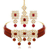 Peora Gold Plated Pearl Beaded Adjustable Choker Necklace with Earring Maang Tikka Jewellery Set For Women