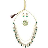 ZAVERI PEARLS Green Kundan Multi Layers Necklace Earring & Ring Set For Women-ZPFK10778