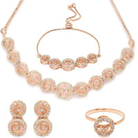 ZENEME Fashion Cubic Zirconia Gold Plated Choker Necklace Set Ring Bracelet With Earring Jewellery For Women Pack Of 4 (Rose Gold)