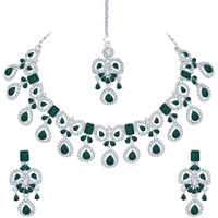 Atasi International Silver Plated Green Crystal Diamond Necklace with Earrings and Maang Tikka for Women - Jewellery Set for Party, Wedding, Engagement (RDG5745)