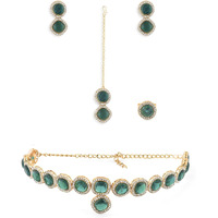 ZAVERI PEARLS Green Dazzling Stones Necklace Earring Maangtikka & Ring Set For Women-ZPFK14600