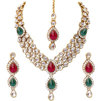 Lucky Jewellery Traditional Magenta Green Color Gold Plated Kundan Necklace Set For Girls & Women (MSK-3-LINE-RG)