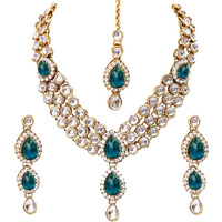 Lucky Jewellery Traditional Rama Green Color Gold Plated Kundan Necklace Set For Girls & Women (MSK-3-LINE-RAMA)