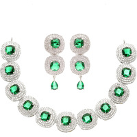 ZENEME Rhodium Plated Silver Toned Triangular Shaped American Diamond Studded Jewellery Set For Women and Girl (Green_Design_02)