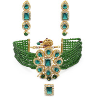ZAVERI PEARLS Green Multistrand Ethnic Choker Necklace Earring & Ring Set For Women-ZPFK11588