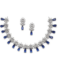 ZENEME Rhodium-Plated Silver Toned Teardrop Shaped American Diamond Studded Necklace Earrings Jewellery Set for Girls and Women (Blue)