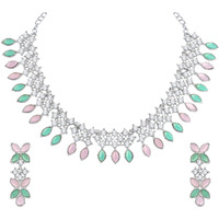 Atasi International Silver Plated Mint Pink & Green Crystals AD Diamond Jewellery Necklace Set for Women (RPG5775)