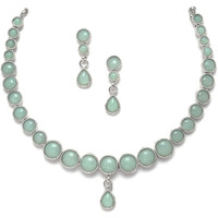 ZENEME Oxidised Silver-Plated Round American Diamond Studded Necklace with Earrings Jewellery Set for Girls and Women (Lime Green)