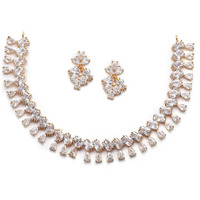ZENEME Rhodium-Plated Silver Toned Pear Shaped American Diamond Studded Necklace with Earrings Jewellery Set with Girls and Women (White & Gold)