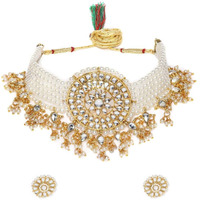 ZAVERI PEARLS Gold Tone Kundan & MultiStrand Pearls Choker Necklace & Earring Set For Women-ZPFK9805