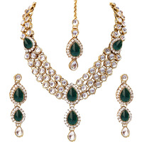 Lucky Jewellery Traditional Green Color Gold Plated Kundan Necklace Set For Girls & Women (MSK-3-LINE-G)