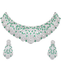ZENEME Rhodium-Plated Silver White American Diamond Choker Necklace with Earrings Jewellery Set with Girls and Women (Green)