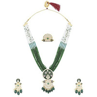 ZAVERI PEARLS Green Pink Meenakari Multistrand Beaded Long Kundan Necklace Earring & Ring Set For Women-ZPFK15624