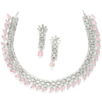 ZENEME Rhodium-Plated Pink and White American Diamond Stone-Studded Necklace with Earrings Jewellery Set for Women & Girls (Pink)