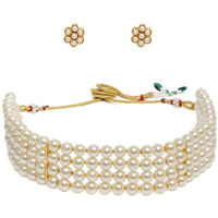 ZAVERI PEARLS Gold Tone Ethnic Multistrand Pearls Choker Necklace & Earring Set For Women-ZPFK10145