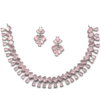 ZENEME Rhodium-Plated Silver Toned Pear Shaped American Diamond Studded Necklace with Earrings Jewellery Set with Girls and Women (Pink)