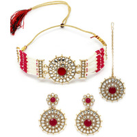 Sukkhi Decorative Round Shaped Rani Pink Kundan & Beads Choker Necklace Set With Earring And Maangtika | Jewellery Set For Women (NS105501)