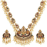 Shining Diva Fashion Latest Temple Design Pearl Necklace Traditional Gold Plated Jewellery Set for Women (Design4) (rrsd10588s)