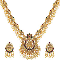 Shining Diva Fashion Latest Temple Design Pearl Necklace Set for Women Traditional Gold Plated Jewellery Set for Women (Multicolor) (10584s)