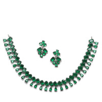 ZENEME Rhodium-Plated Silver Toned Pear Shaped American Diamond Studded Necklace with Earrings Jewellery Set with Girls and Women (Green)