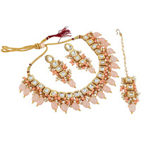 LUCKY JEWELLERY Back Meenakari 18k Gold Plated Peach Color Square Shape Tika Earring Combo Jewellery Set Uncut Kundan Big Faux Kundan Dibbi Kundan Choker Necklace Set for Girls & Women