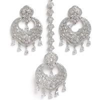 ZENEME Stylish Shiny Round Design Rodhium-Plated Maang Tikka Earring Set Jewellery For Women and Girls (Design 3)