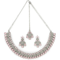 Sukkhi Exquisite Rhodium Plated Pink AD White Stone Collar Bone Necklace Set With Earring And Maangtika | Jewellery Set For Women (NS105621)