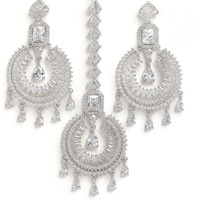 ZENEME Stylish Shiny Round Design Rodhium-Plated Maang Tikka Earring Set Jewellery For Women and Girls (Design 8)